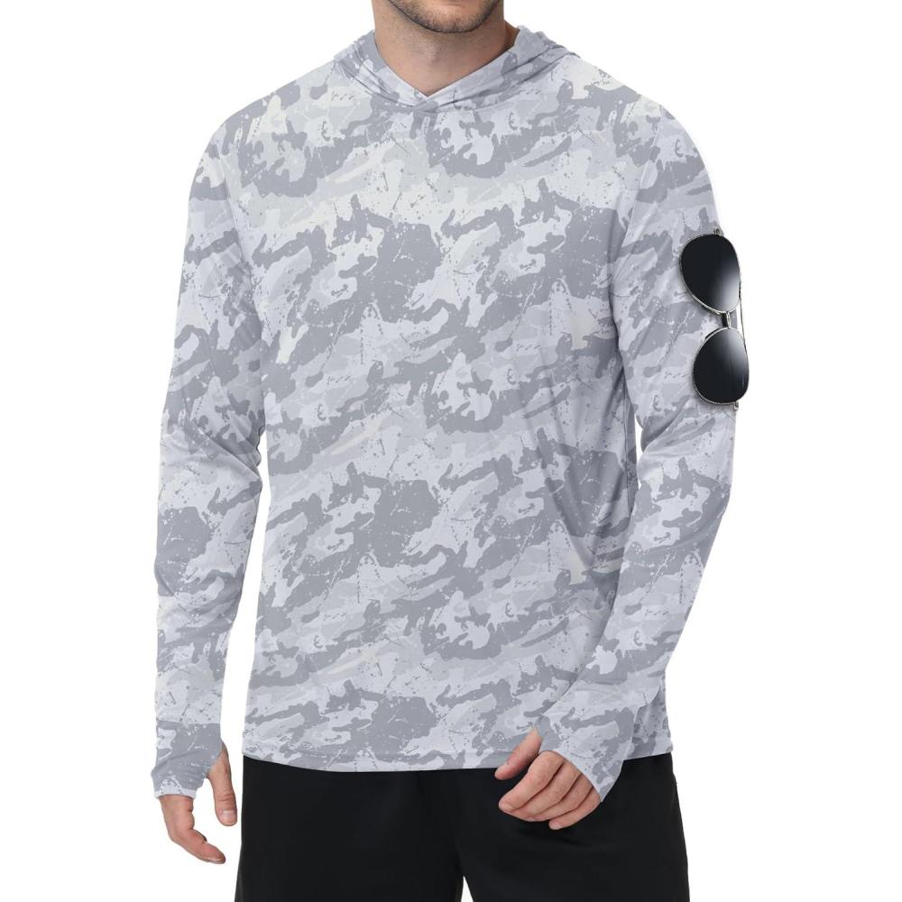 imageZITY Mens Sun Protection Shirts Long Sleeve Rash Guard Hoodie UV UPF 50 Fishing Running Athletic SweatshirtsFull Grey White