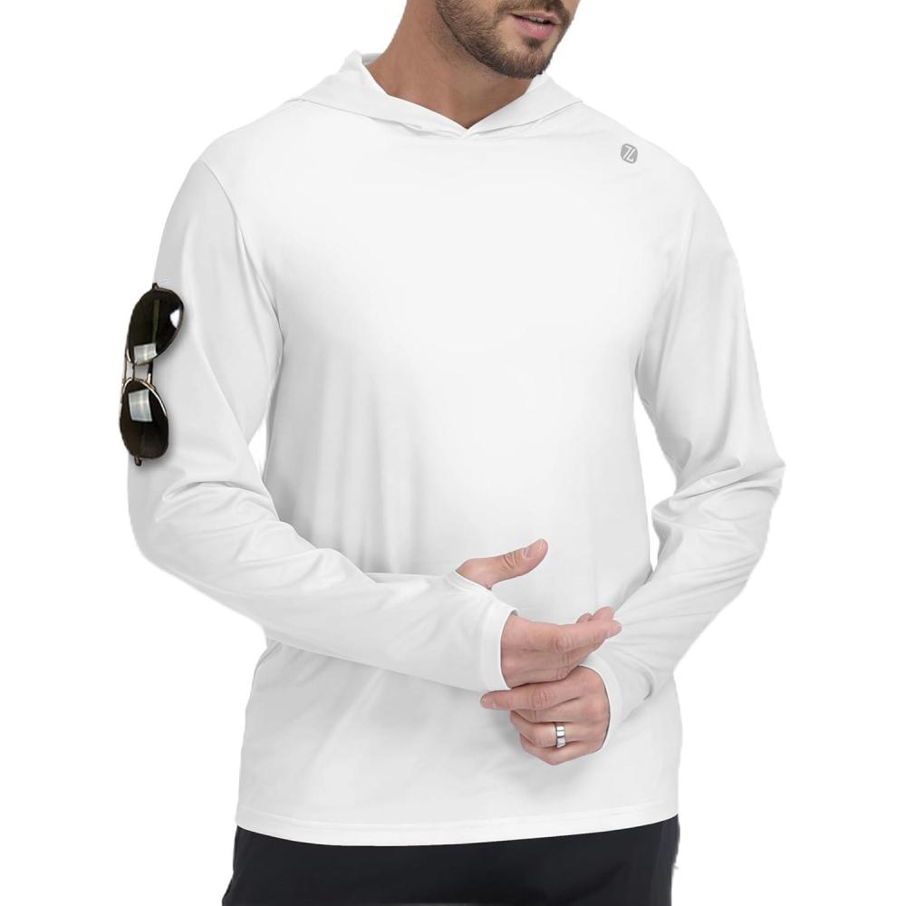 imageZITY Mens Sun Protection Shirts Long Sleeve Rash Guard Hoodie UV UPF 50 Fishing Running Athletic SweatshirtsPure White