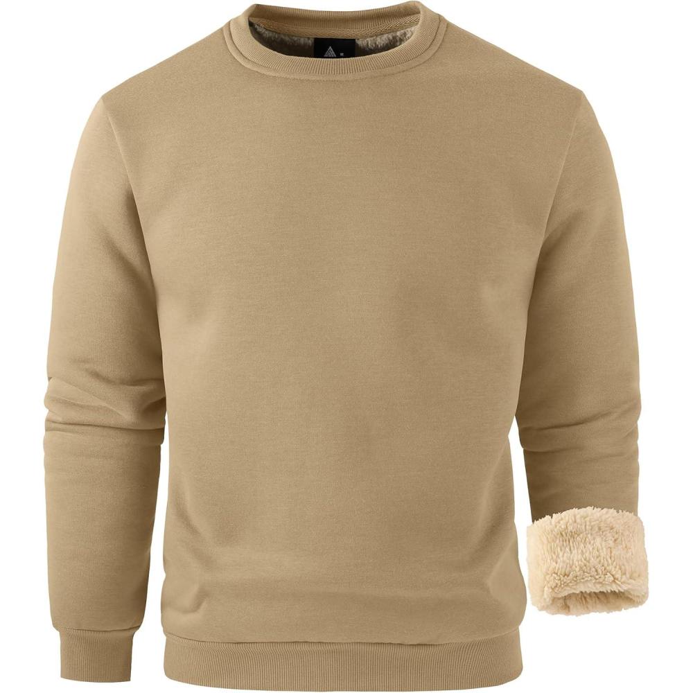 imageZITY Mens Warm Winter Heavy Sweatshirt Fleece Pullover Crewneck Thick Sherpa Lined Thermal Sweatshirts Sherpa SweaterLight Khaki