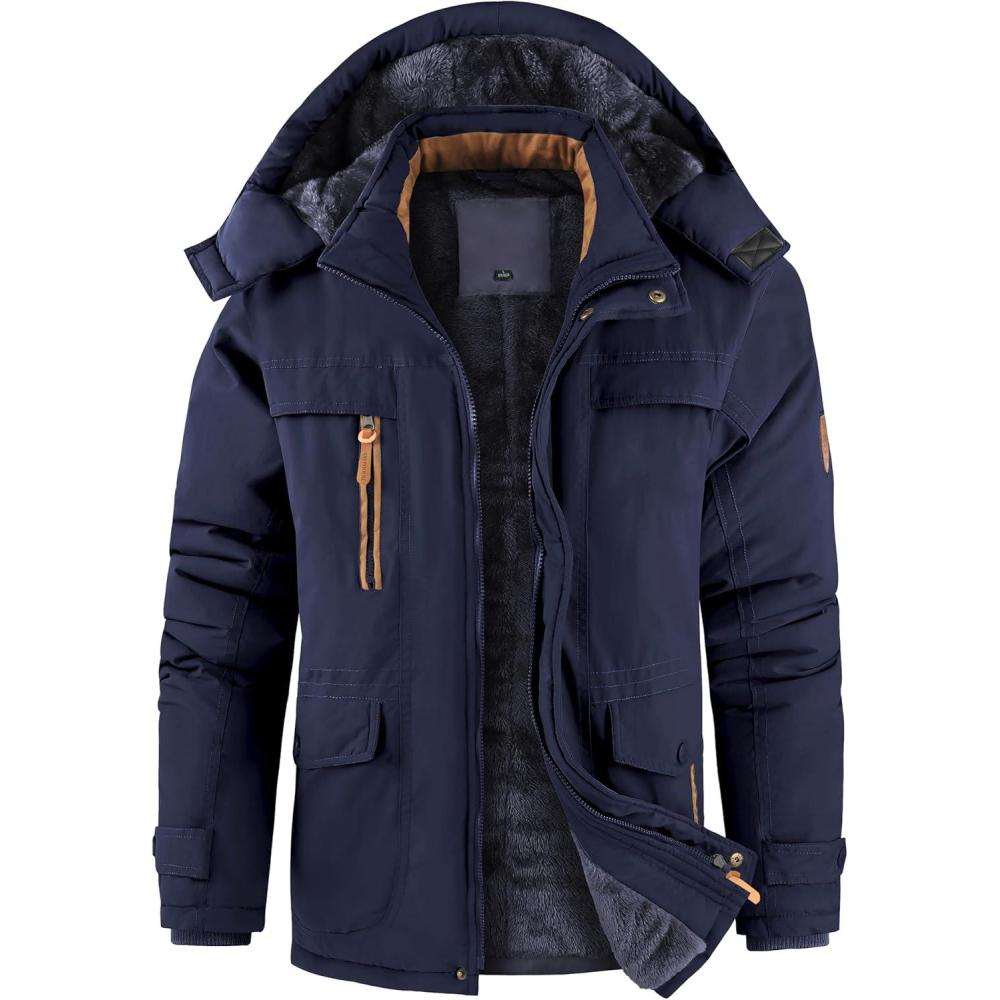 imageZITY Mens Winter Fleece Lined Hooded Parka Heavyweight Warm Insulated Coat with Multiple Utility PocketsDark Blue