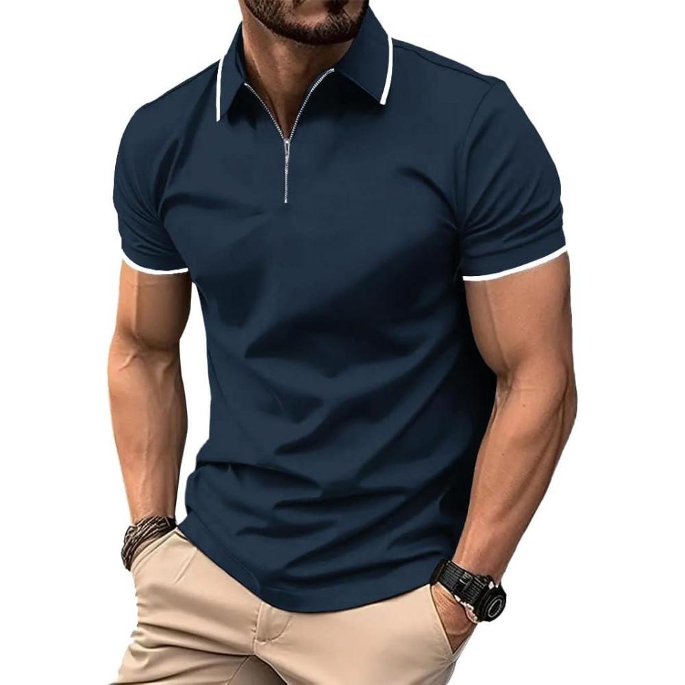 imageZITY Polo Shirts for Men Quarter Zip Casual Shirts Short Sleeve Moisture Wicking Golf Polo Collared ShirtsNavy