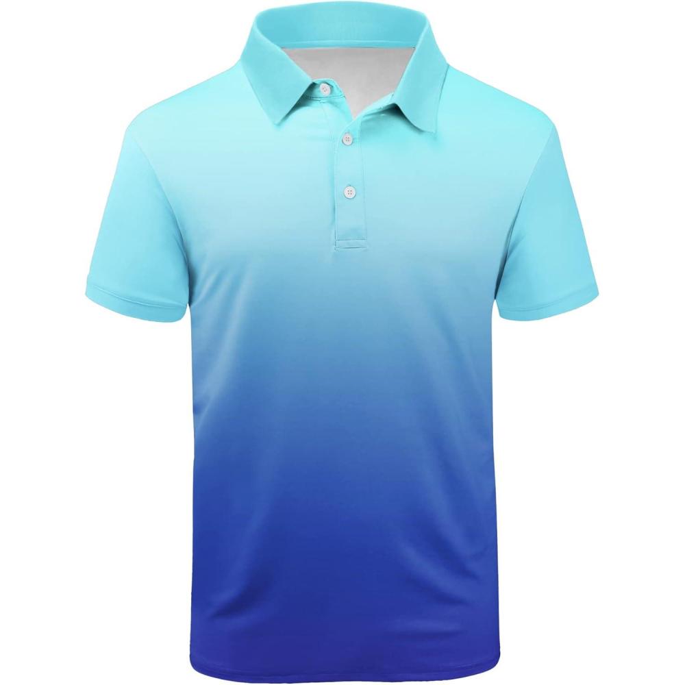 imageZITY Polo Shirts for Men Short Sleeve Button Down Collar Gradient Shirts MoistureWicking Athletic Mens Golf Polo ShirtSky