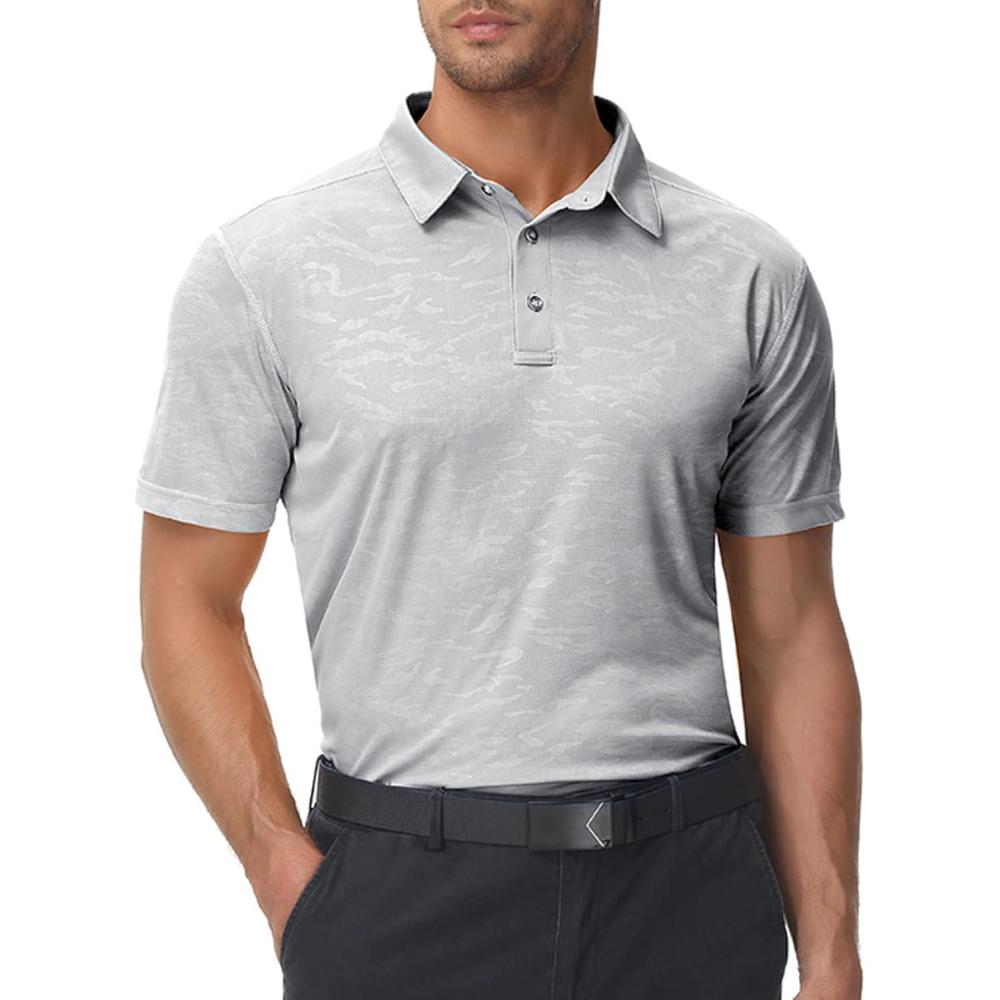 imageZITY Polo Shirts for Men Short Sleeve Moisture Wicking Performance Print Pattern Casual Collared Graphic Golf Polo ShirtLight Grey