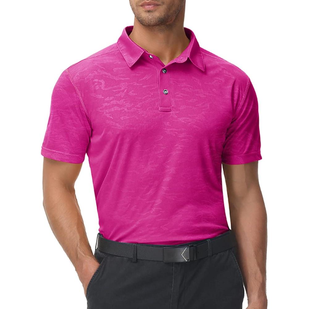 imageZITY Polo Shirts for Men Short Sleeve Moisture Wicking Performance Print Pattern Casual Collared Graphic Golf Polo ShirtRose Red