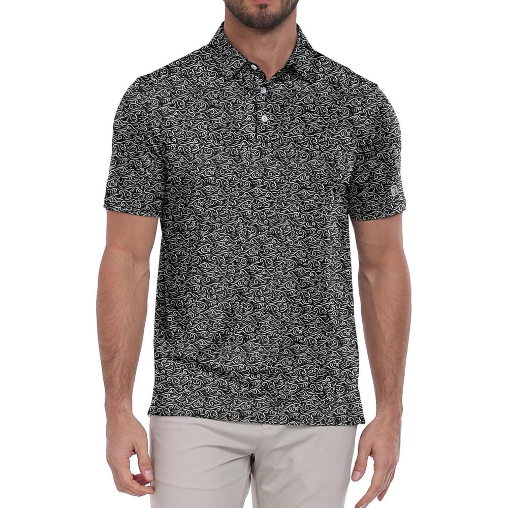 imageZITY Select Mens Golf Polo Shirts 50 UPF Short Sleeve QuickDry Performance Print Golf ShirtBlack Waves