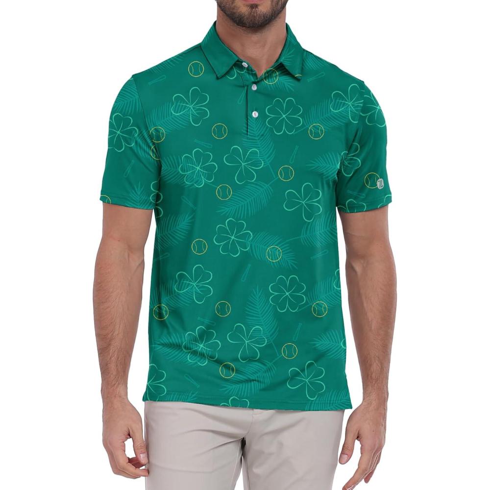 imageZITY Select Mens Golf Polo Shirts 50 UPF Short Sleeve QuickDry Performance Print Golf ShirtFour Leaf Clover Golf