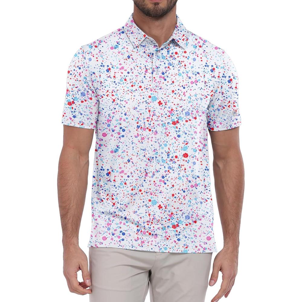 imageZITY Select Mens Golf Polo Shirts 50 UPF Short Sleeve QuickDry Performance Print Golf ShirtPink Blue Dot