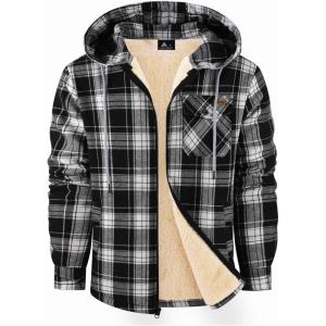 Mens Cotton Plaid Shirts Jacket Flannel Fleece Lined Hoodies Sherpa Zip Up Hoodie with Pocket(Black White)