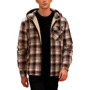 Mens Cotton Plaid Shirts Jacket Flannel Fleece Lined Hoodies Sherpa Zip Up Hoodie with Pocket(Brown White)