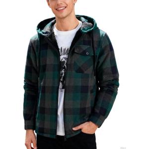 Mens Cotton Plaid Shirts Jacket Flannel Fleece Lined Hoodies Sherpa Zip Up Hoodie with Pocket(Green Grey)