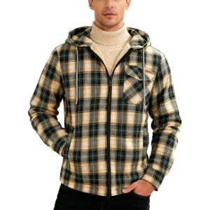 Mens Cotton Plaid Shirts Jacket Flannel Fleece Lined Hoodies Sherpa Zip Up Hoodie with Pocket(Green Yellow)