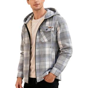 Mens Cotton Plaid Shirts Jacket Flannel Fleece Lined Hoodies Sherpa Zip Up Hoodie with Pocket(Grey White)