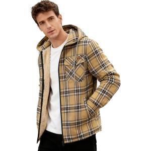 Mens Cotton Plaid Shirts Jacket Flannel Fleece Lined Hoodies Sherpa Zip Up Hoodie with Pocket(Khaki Plaid)