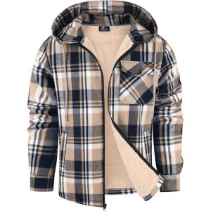 Mens Cotton Plaid Shirts Jacket Flannel Fleece Lined Hoodies Sherpa Zip Up Hoodie with Pocket(Navy Beige)