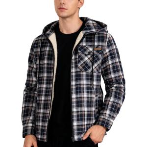 Mens Cotton Plaid Shirts Jacket Flannel Fleece Lined Hoodies Sherpa Zip Up Hoodie with Pocket(Navy White)