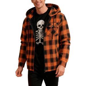 Mens Cotton Plaid Shirts Jacket Flannel Fleece Lined Hoodies Sherpa Zip Up Hoodie with Pocket(Orange Black)