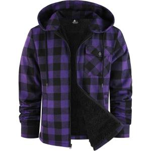 Mens Cotton Plaid Shirts Jacket Flannel Fleece Lined Hoodies Sherpa Zip Up Hoodie with Pocket(Purple Black)