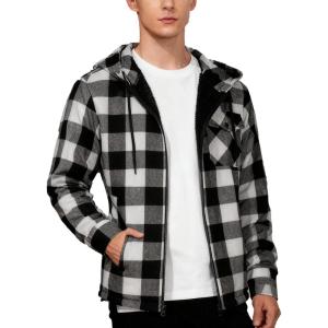 Mens Cotton Plaid Shirts Jacket Flannel Fleece Lined Hoodies Sherpa Zip Up Hoodie with Pocket(White Black)