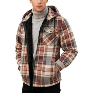 Mens Cotton Plaid Shirts Jacket Flannel Fleece Lined Hoodies Sherpa Zip Up Hoodie with Pocket(Wine Red Grey)