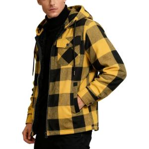 Mens Cotton Plaid Shirts Jacket Flannel Fleece Lined Hoodies Sherpa Zip Up Hoodie with Pocket(Yellow Black)