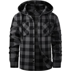 Mens Hooded Flannel Shirts Hoodie Shirt Lightweight Long Sleeve Casual Plaid Button Down Jackets Stylish with Pocket(Black Dark Grey)