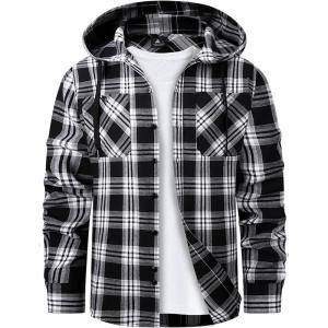 Mens Hooded Flannel Shirts Hoodie Shirt Lightweight Long Sleeve Casual Plaid Button Down Jackets Stylish with Pocket(Black Grey)