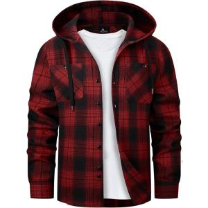 Mens Hooded Flannel Shirts Hoodie Shirt Lightweight Long Sleeve Casual Plaid Button Down Jackets Stylish with Pocket(Black Red)