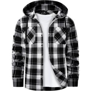 Mens Hooded Flannel Shirts Hoodie Shirt Lightweight Long Sleeve Casual Plaid Button Down Jackets Stylish with Pocket(Black White)