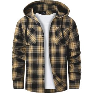 Mens Hooded Flannel Shirts Hoodie Shirt Lightweight Long Sleeve Casual Plaid Button Down Jackets Stylish with Pocket(Black Yellow)