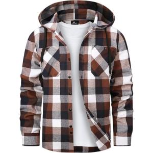 Mens Hooded Flannel Shirts Hoodie Shirt Lightweight Long Sleeve Casual Plaid Button Down Jackets Stylish with Pocket(Brown Plaid)