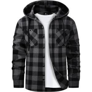 Mens Hooded Flannel Shirts Hoodie Shirt Lightweight Long Sleeve Casual Plaid Button Down Jackets Stylish with Pocket(Dark Grey)