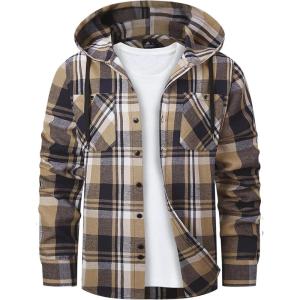Mens Hooded Flannel Shirts Hoodie Shirt Lightweight Long Sleeve Casual Plaid Button Down Jackets Stylish with Pocket(Navy Beige)