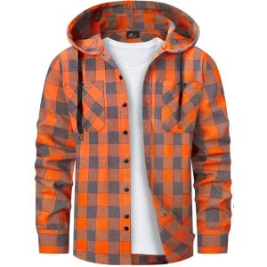 Mens Hooded Flannel Shirts Hoodie Shirt Lightweight Long Sleeve Casual Plaid Button Down Jackets Stylish with Pocket(Orange)