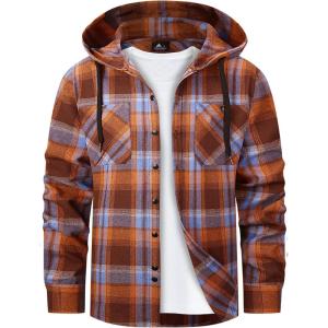 Mens Hooded Flannel Shirts Hoodie Shirt Lightweight Long Sleeve Casual Plaid Button Down Jackets Stylish with Pocket(Orange Blue)