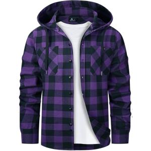 Mens Hooded Flannel Shirts Hoodie Shirt Lightweight Long Sleeve Casual Plaid Button Down Jackets Stylish with Pocket(Purple)