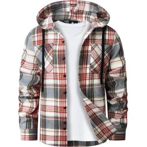Mens Hooded Flannel Shirts Hoodie Shirt Lightweight Long Sleeve Casual Plaid Button Down Jackets Stylish with Pocket(Wine Red Plaid)