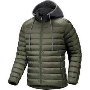 Men’s Hooded Puffer Jacket Lightweight Quilted Hoodie Winter Warm Water Resistant Zip Up Insulated Puffy Coats(Army Green)