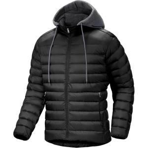 Men’s Hooded Puffer Jacket Lightweight Quilted Hoodie Winter Warm Water Resistant Zip Up Insulated Puffy Coats(Black)