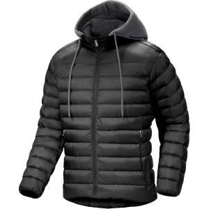 Men’s Hooded Puffer Jacket Lightweight Quilted Hoodie Winter Warm Water Resistant Zip Up Insulated Puffy Coats(Black Grey)