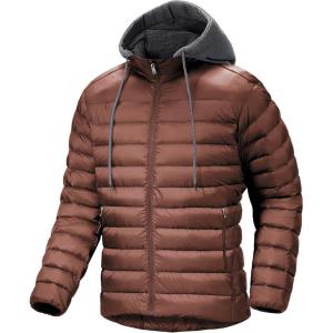 Men’s Hooded Puffer Jacket Lightweight Quilted Hoodie Winter Warm Water Resistant Zip Up Insulated Puffy Coats(Brown)