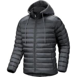 Men’s Hooded Puffer Jacket Lightweight Quilted Hoodie Winter Warm Water Resistant Zip Up Insulated Puffy Coats(Dark Grey)