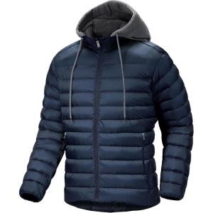 Men’s Hooded Puffer Jacket Lightweight Quilted Hoodie Winter Warm Water Resistant Zip Up Insulated Puffy Coats(Navy)
