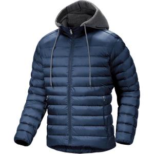 Men’s Hooded Puffer Jacket Lightweight Quilted Hoodie Winter Warm Water Resistant Zip Up Insulated Puffy Coats(Navy Blue)
