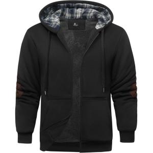 Men’s Sherpa Jacket Fleece Lined Zip Up Plaid Hood Heavyweight Sweatshirt Winter Warm Thick Coat with Elbow Patches(Black)