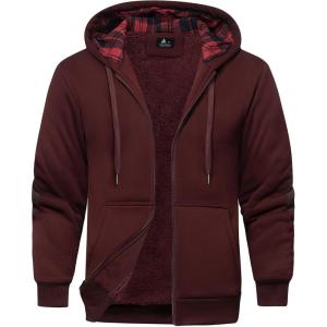 Men’s Sherpa Jacket Fleece Lined Zip Up Plaid Hood Heavyweight Sweatshirt Winter Warm Thick Coat with Elbow Patches(Wine Red)