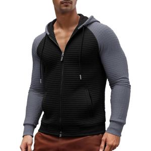 Men’s Waffle Knit Hoodie Full Zip Up Hood Lightweight Long Sleeve Drawstring Casual Warm Sweatshirt Jacket with Pockets(Black+dark Gray)