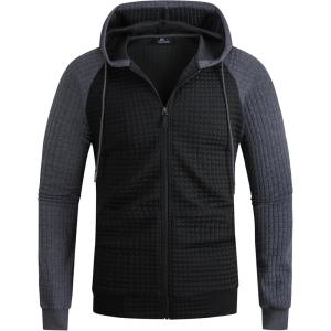 Men’s Waffle Knit Hoodie Full Zip Up Hood Lightweight Long Sleeve Drawstring Casual Warm Sweatshirt Jacket with Pockets(Dark Black+dark Gray)