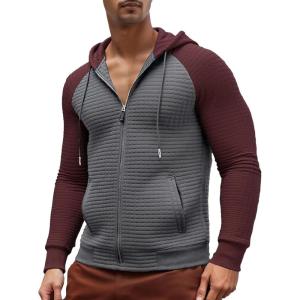 Men’s Waffle Knit Hoodie Full Zip Up Hood Lightweight Long Sleeve Drawstring Casual Warm Sweatshirt Jacket with Pockets(Dark Grey+burgundy)