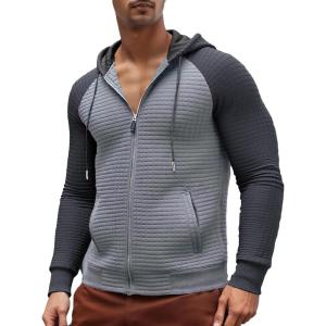 Men’s Waffle Knit Hoodie Full Zip Up Hood Lightweight Long Sleeve Drawstring Casual Warm Sweatshirt Jacket with Pockets(Light Gray+dark Gray)