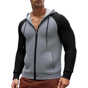 Men’s Waffle Knit Hoodie Full Zip Up Hood Lightweight Long Sleeve Drawstring Casual Warm Sweatshirt Jacket with Pockets(Light Grey+black)